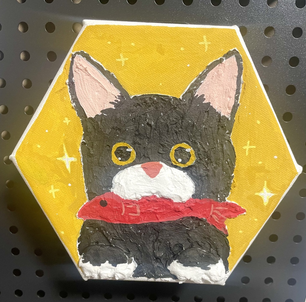 「あそんで！」/半立体黒猫キャンバス原画