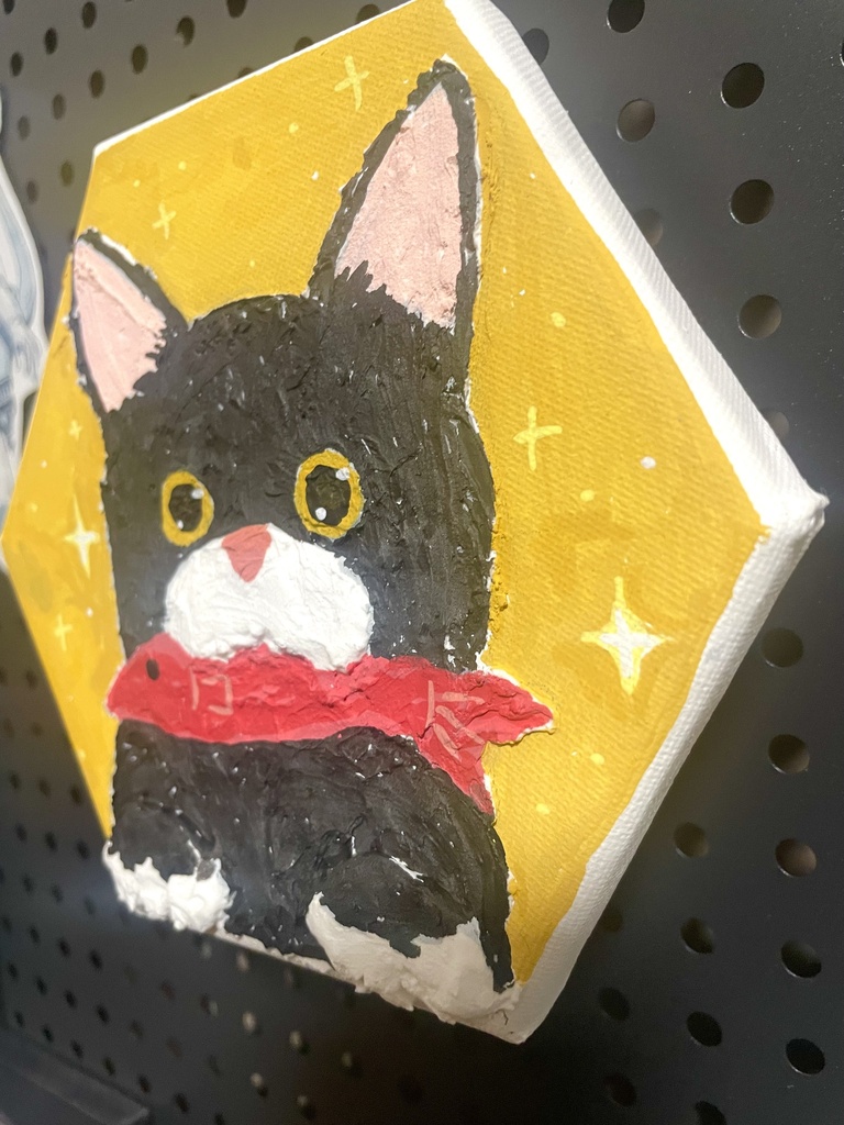 「あそんで!」/半立体黒猫キャンバス原画