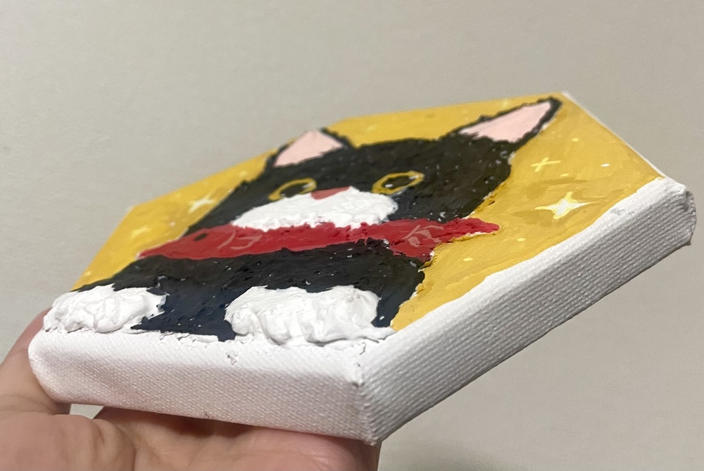 「あそんで!」/半立体黒猫キャンバス原画
