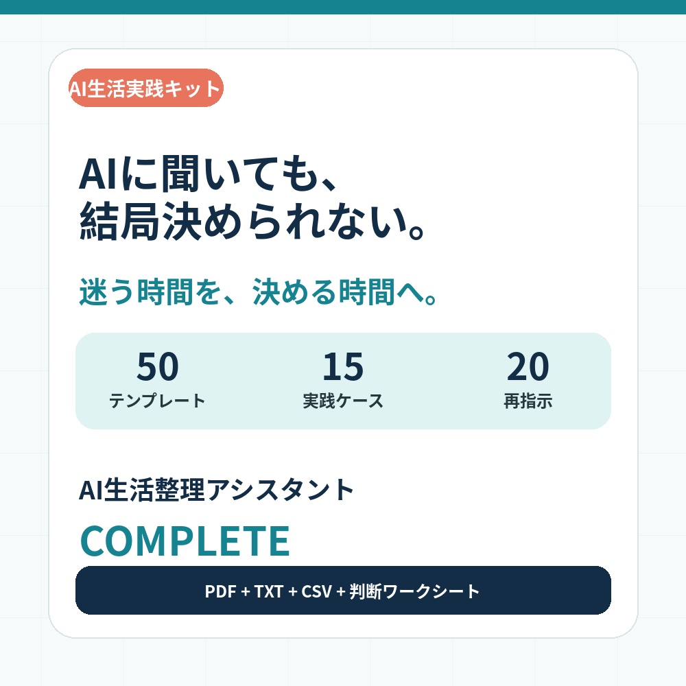 AI生活整理アシスタント COMPLETE｜買い物・旅行・家計・時間管理を「決めやすくする」50のAIテンプレート