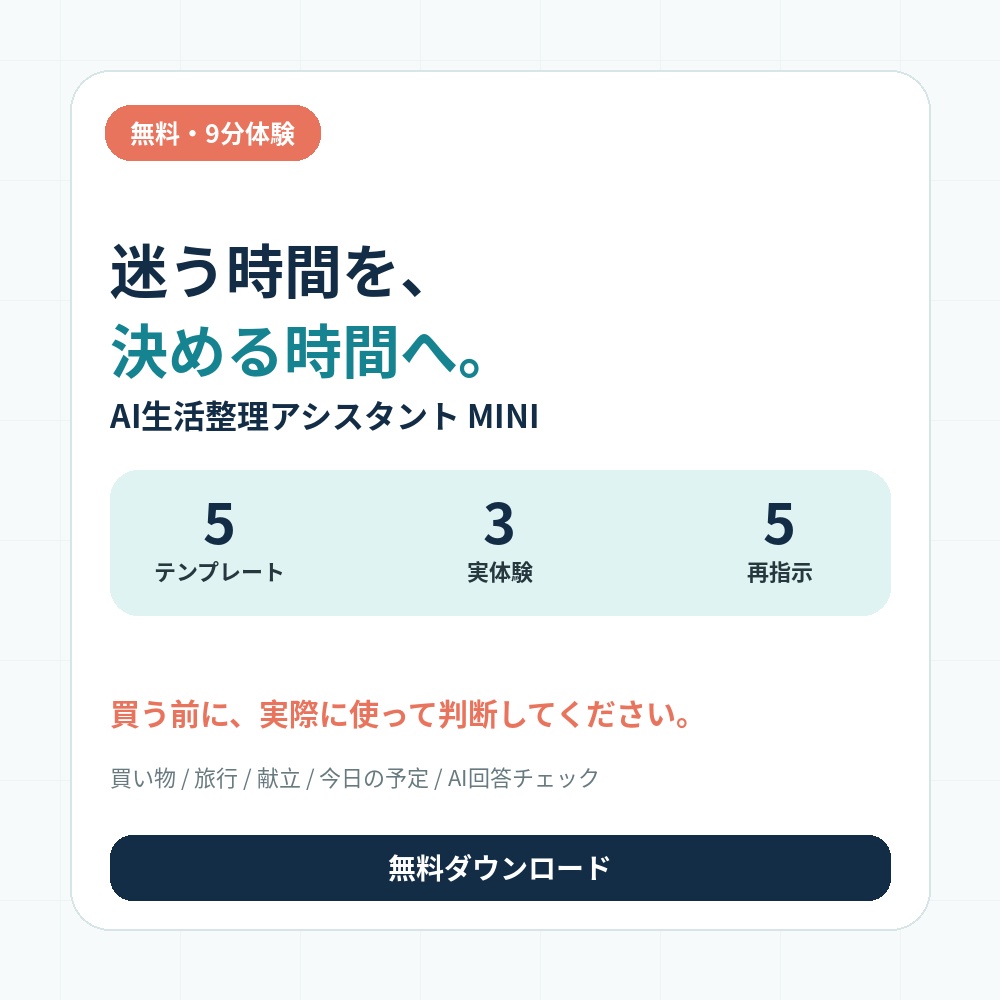 AI生活整理アシスタント MINI｜迷う時間を、決める時間へ。無料・9分体験