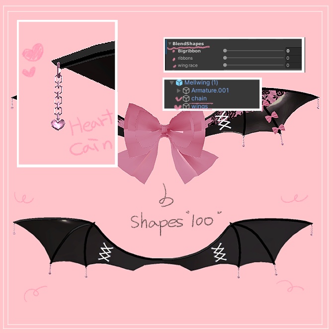 【【VRChat】PB対応/Liltoon】 Ribbon wings / Heart Horn set