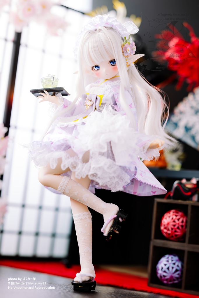 【完売御礼】「メイド万華鏡」MDD・SDM・1/4サイズ通用 2WAY~ 着物ドール服 和風メイド服 10点セット