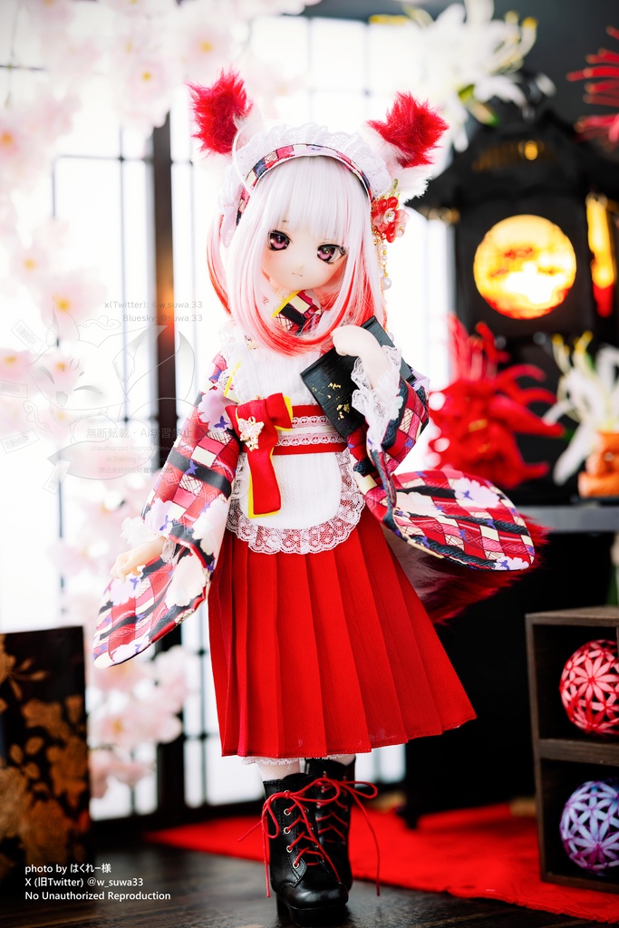 【完売御礼】「メイド万華鏡」MDD・SDM・1/4サイズ通用 2WAY~ 着物ドール服 和風メイド服 10点セット