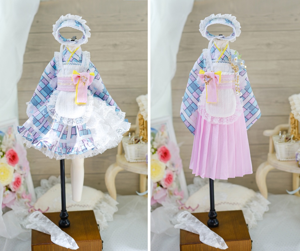 【完売御礼】「メイド万華鏡」MDD・SDM・1/4サイズ通用 2WAY~ 着物ドール服 和風メイド服 10点セット