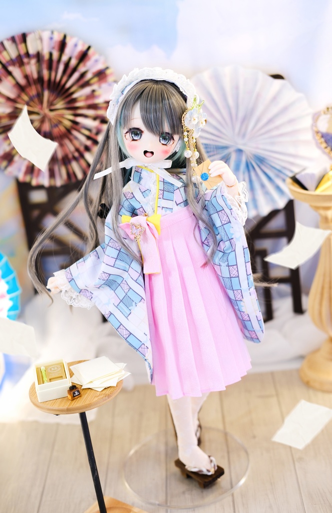 【完売御礼】「メイド万華鏡」MDD・SDM・1/4サイズ通用 2WAY~ 着物ドール服 和風メイド服 10点セット