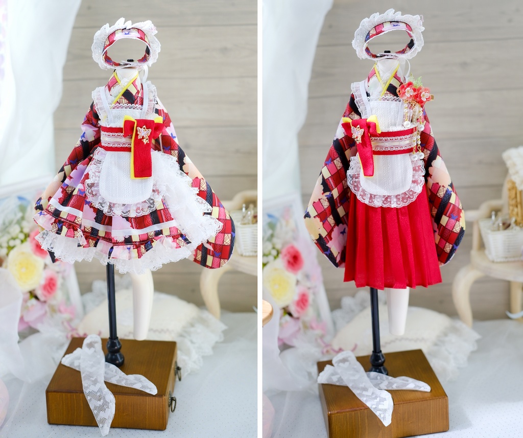【完売御礼】「メイド万華鏡」MDD・SDM・1/4サイズ通用 2WAY~ 着物ドール服 和風メイド服 10点セット