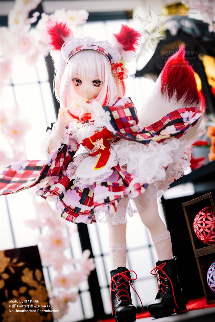 【完売御礼】「メイド万華鏡」MDD・SDM・1/4サイズ通用 2WAY~ 着物ドール服 和風メイド服 10点セット