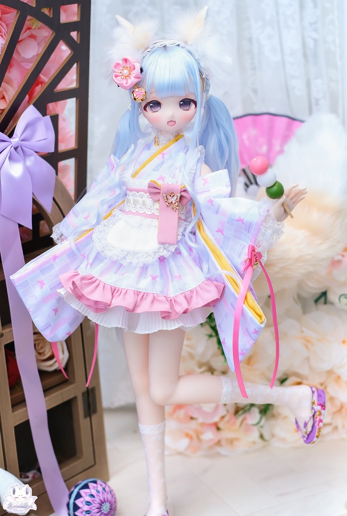 「メイド万華鏡ー桜狐ー」MDD・SDM・1/4サイズ通用 着物ドール服 和風メイド服 11点セット