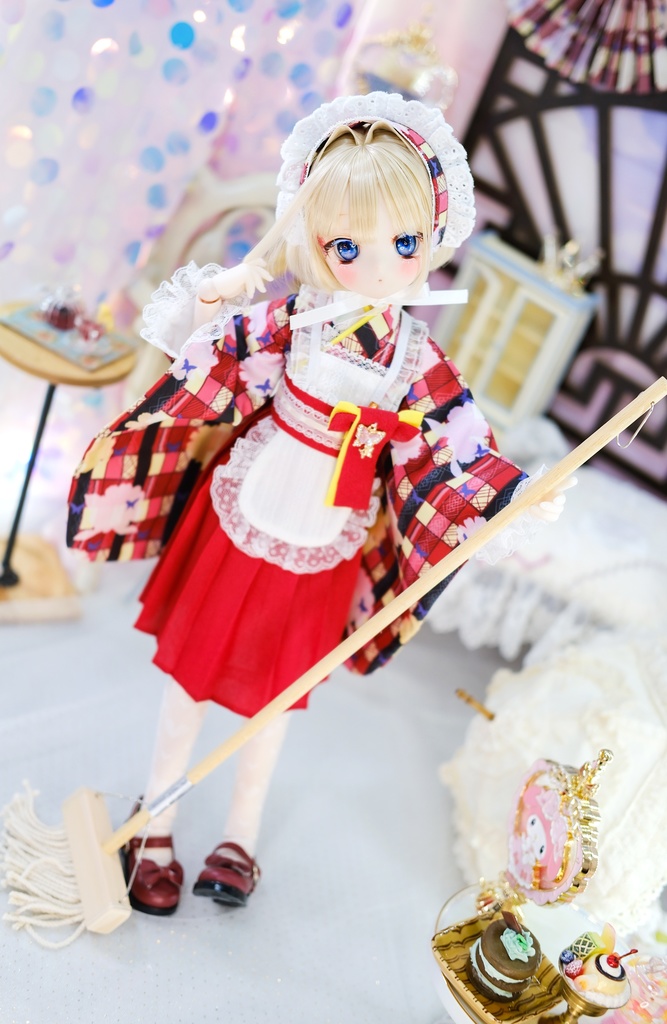 【完売御礼】「メイド万華鏡」MDD・SDM・1/4サイズ通用 2WAY~ 着物ドール服 和風メイド服 10点セット