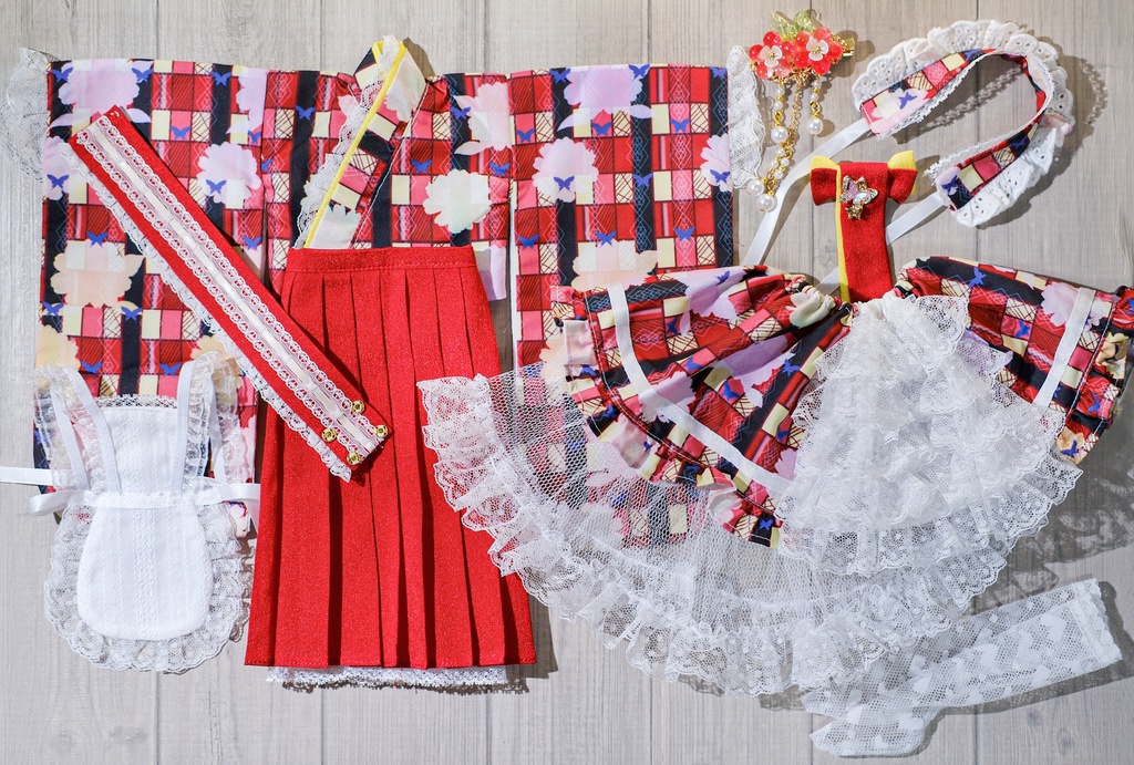 【完売御礼】「メイド万華鏡」MDD・SDM・1/4サイズ通用 2WAY~ 着物ドール服 和風メイド服 10点セット