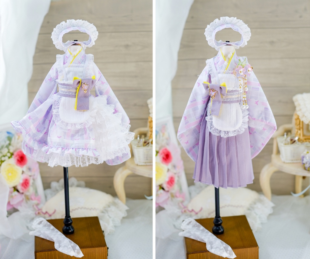 【完売御礼】「メイド万華鏡」MDD・SDM・1/4サイズ通用 2WAY~ 着物ドール服 和風メイド服 10点セット