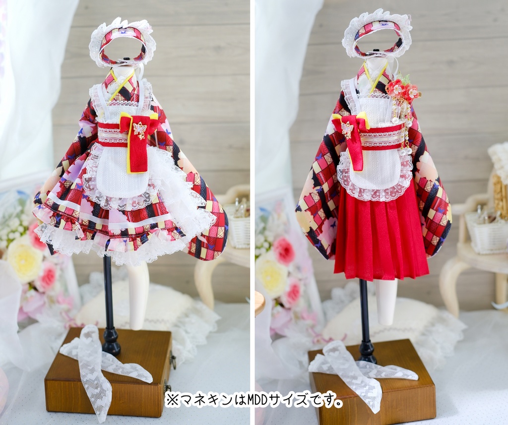 「メイド万華鏡」DD・SD・1/3サイズ通用 2WAY~ 着物ドール服 和風メイド服 10点セット