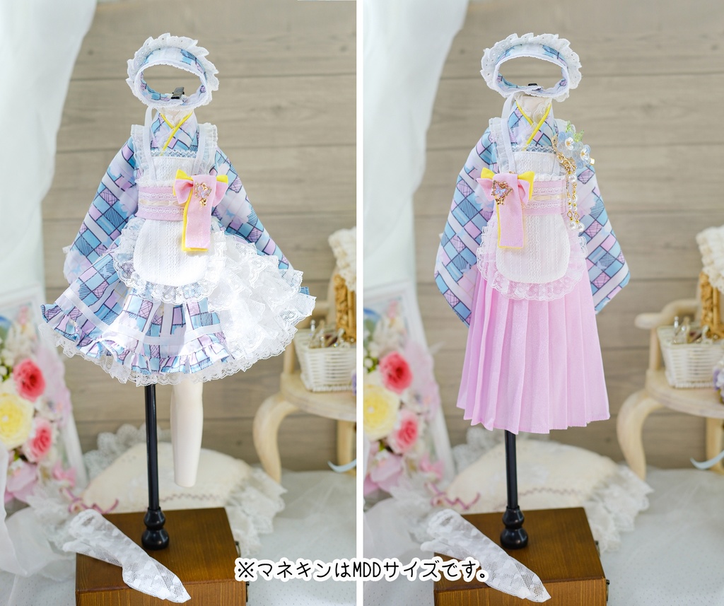 「メイド万華鏡」DD・SD・1/3サイズ通用 2WAY~ 着物ドール服 和風メイド服 10点セット