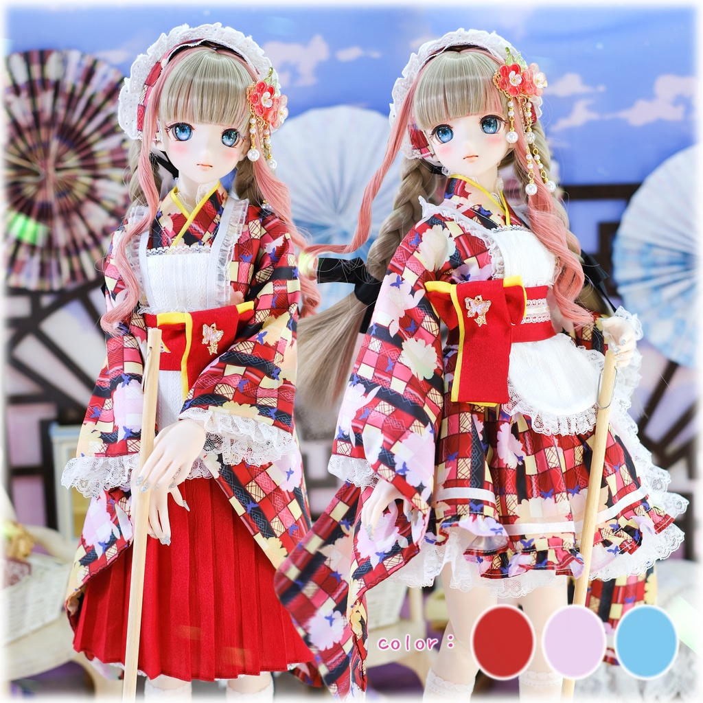 「メイド万華鏡」DD・SD・1/3サイズ通用　2WAY～ 着物ドール服 和風メイド服 10点セット