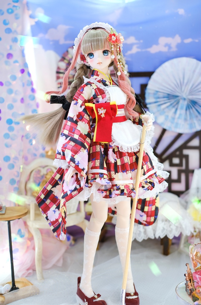 「メイド万華鏡」DD・SD・1/3サイズ通用 2WAY~ 着物ドール服 和風メイド服 10点セット