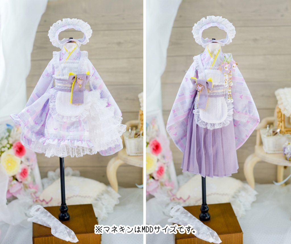 「メイド万華鏡」DD・SD・1/3サイズ通用 2WAY~ 着物ドール服 和風メイド服 10点セット