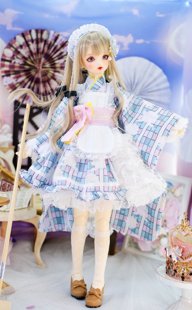 「メイド万華鏡」DD・SD・1/3サイズ通用 2WAY~ 着物ドール服 和風メイド服 10点セット