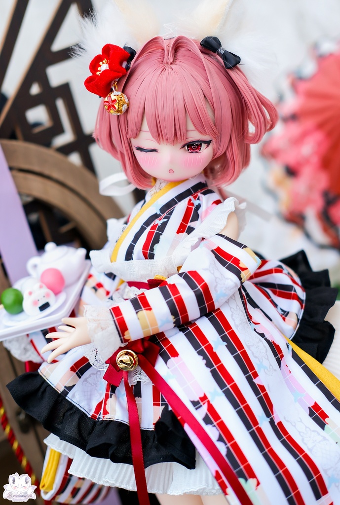 「メイド万華鏡ー赤狐ー」MDD・SDM・1/4サイズ通用 着物ドール服 和風メイド服 11点セット