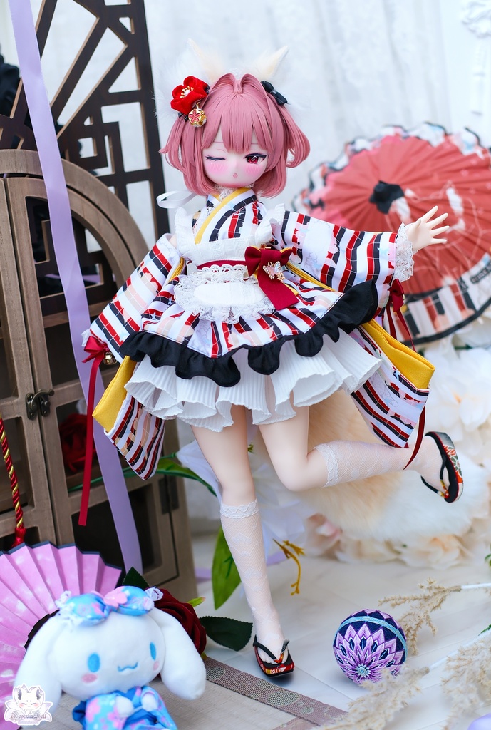 「メイド万華鏡ー赤狐ー」MDD・SDM・1/4サイズ通用 着物ドール服 和風メイド服 11点セット