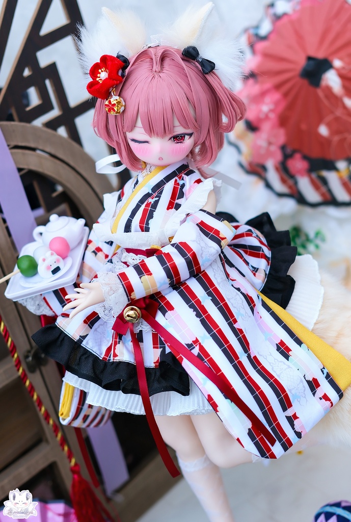 「メイド万華鏡ー赤狐ー」MDD・SDM・1/4サイズ通用 着物ドール服 和風メイド服 11点セット