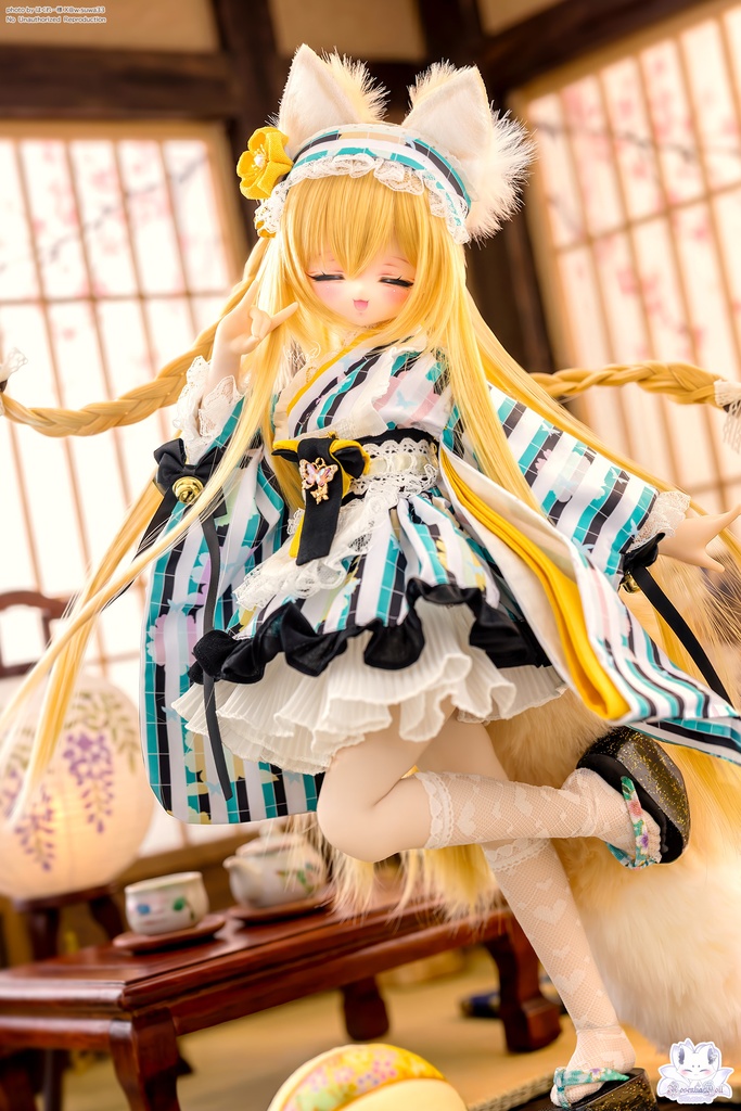 「メイド万華鏡ー翠狐ー」MDD・SDM・1/4サイズ通用 着物ドール服 和風メイド服 11点セット
