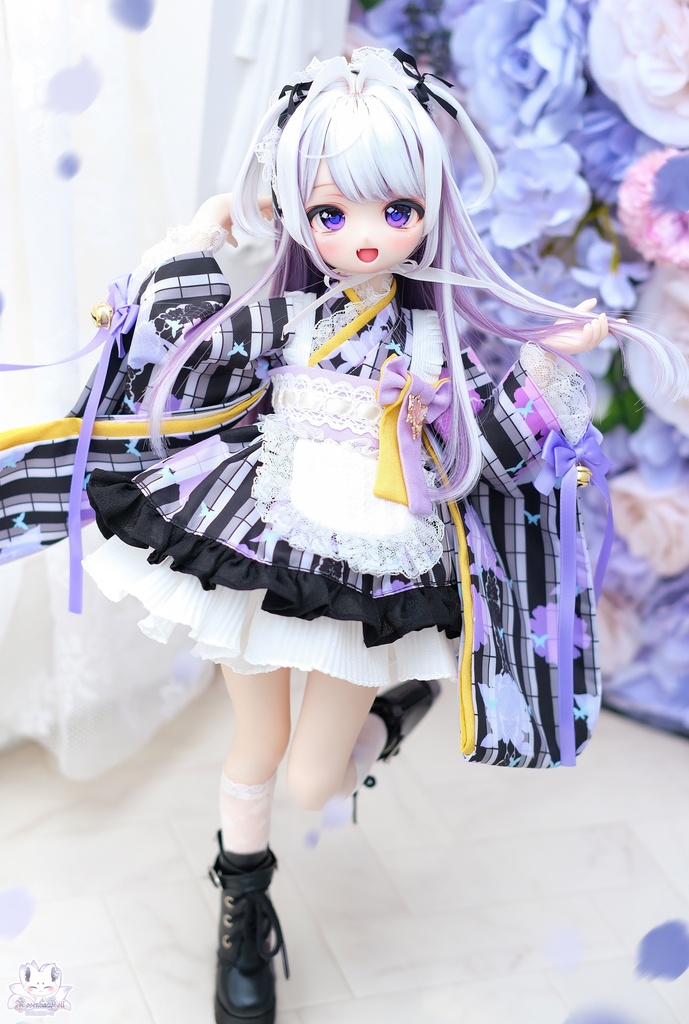「メイド万華鏡ー紫狐ー」MDD・SDM・1/4サイズ通用 着物ドール服 和風メイド服 11点セット