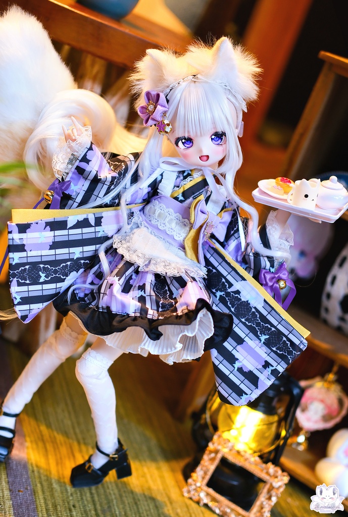 「メイド万華鏡ー紫狐ー」MDD・SDM・1/4サイズ通用 着物ドール服 和風メイド服 11点セット