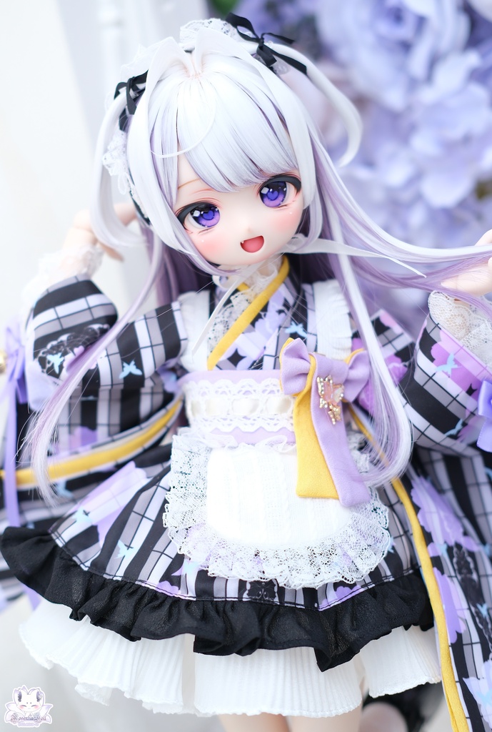 「メイド万華鏡ー紫狐ー」MDD・SDM・1/4サイズ通用 着物ドール服 和風メイド服 11点セット