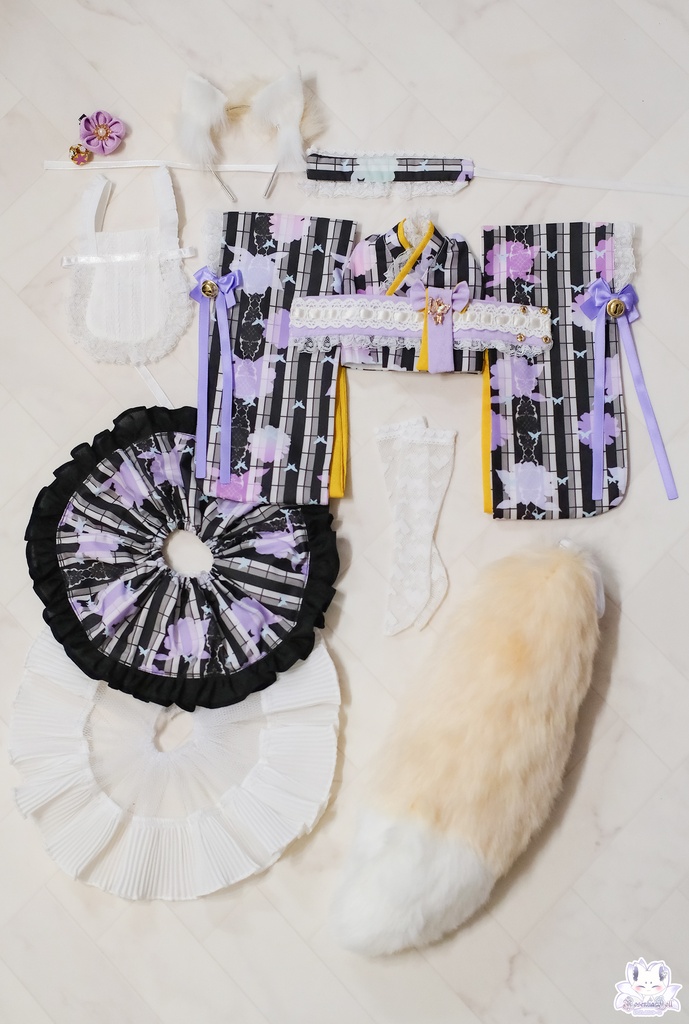 「メイド万華鏡ー紫狐ー」MDD・SDM・1/4サイズ通用 着物ドール服 和風メイド服 11点セット