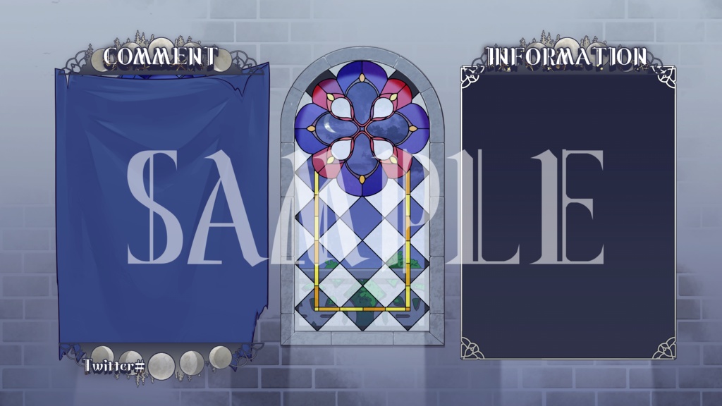 【配信背景】オオカミさんのステンドグラス壁+配信画面素材