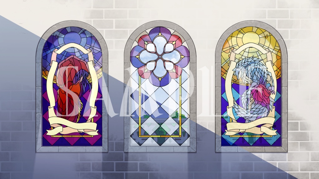 【配信背景】オオカミさんのステンドグラス壁+配信画面素材