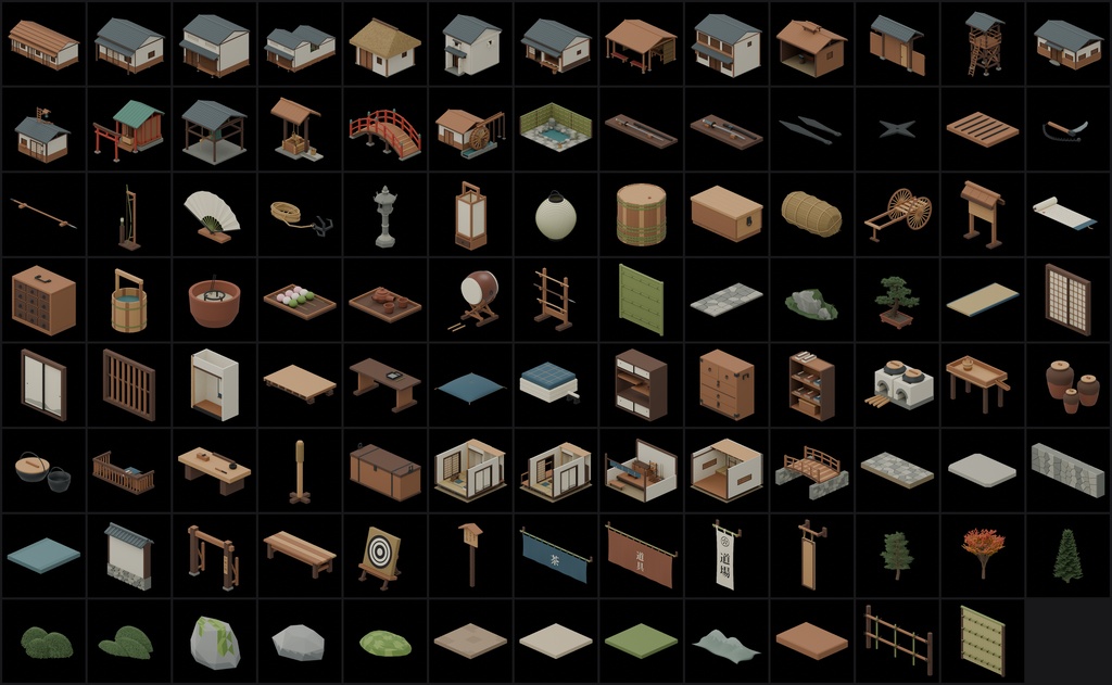 和風の街 3D素材集|建物・内装・小物 103点(FBX / GLB / OBJ / blend)