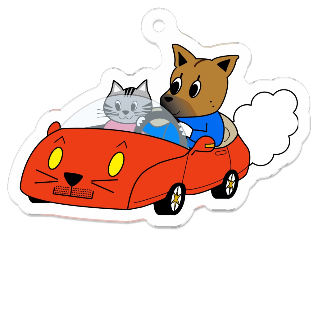 ドライブする雑種犬と猫ちゃんのアクリルキーホルダー