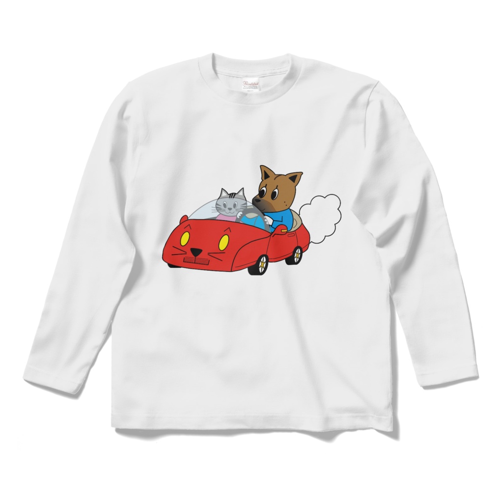 ドライブする雑種犬と猫ちゃんのロングスリーブTシャツ