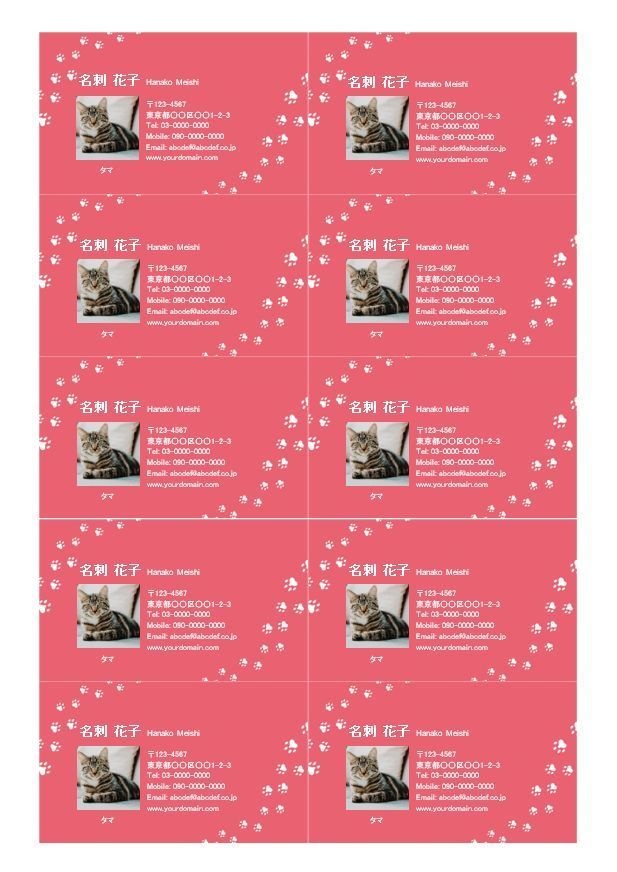 【Wordテンプレート】猫の名前と写真が入れられる名刺テンプレート(ブルー、レッド、グレー)