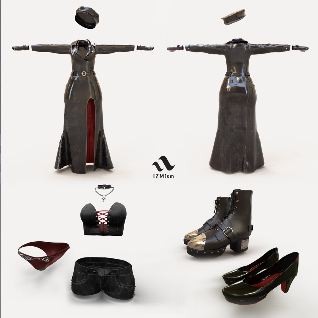 【桔梗ちゃん対応】ライダースドレス10点セット dark leather riders dress 10 set for VRchat