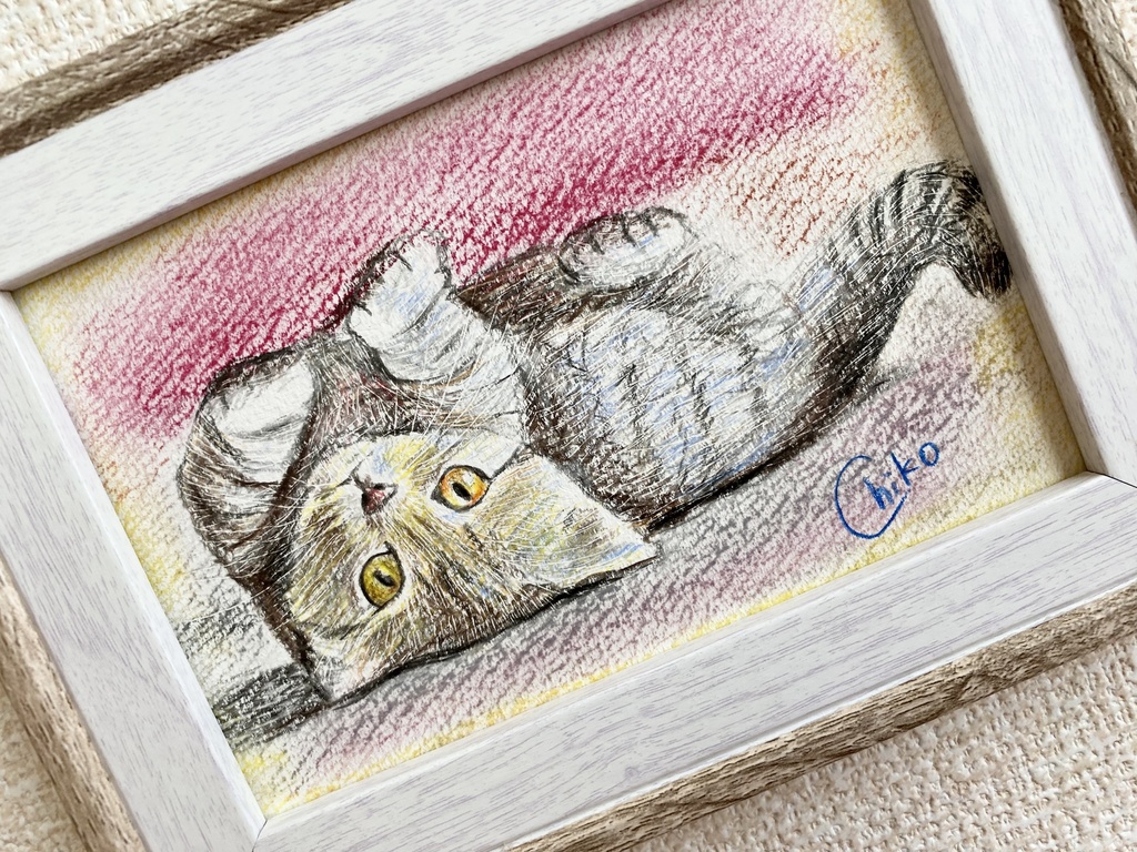 猫 色鉛筆&パステル画 額縁付き 卓上・壁掛け