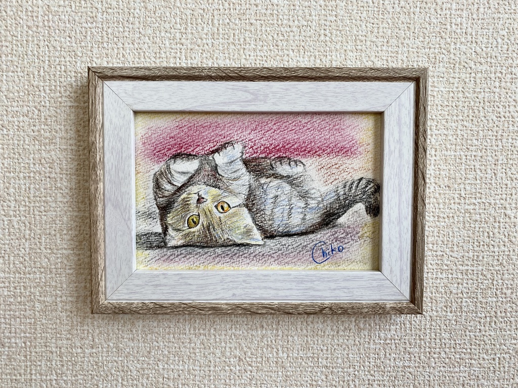猫　色鉛筆＆パステル画　額縁付き　卓上・壁掛け