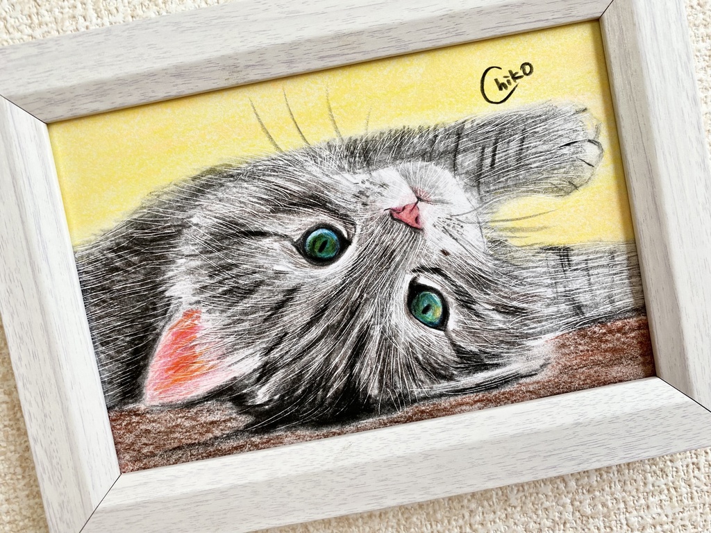 猫 色鉛筆&パステル画 額縁付き 卓上・壁掛け