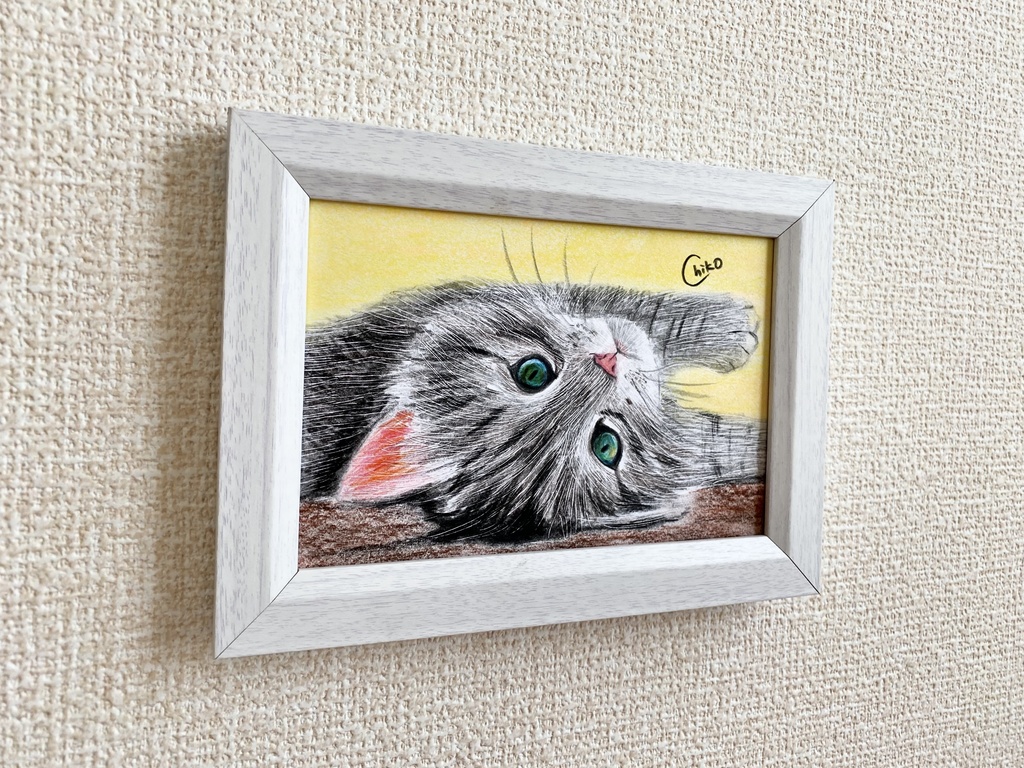 猫 色鉛筆&パステル画 額縁付き 卓上・壁掛け