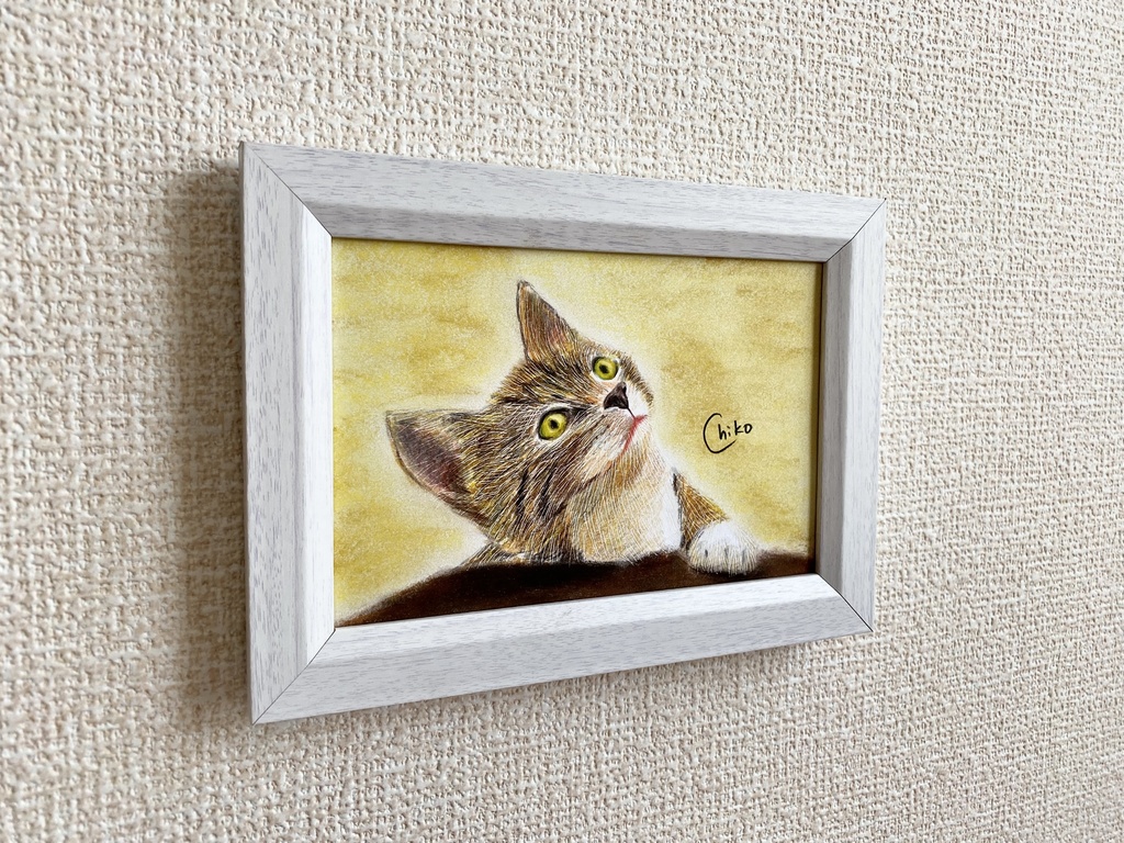 猫 色鉛筆&パステル画 額縁付き 卓上・壁掛け
