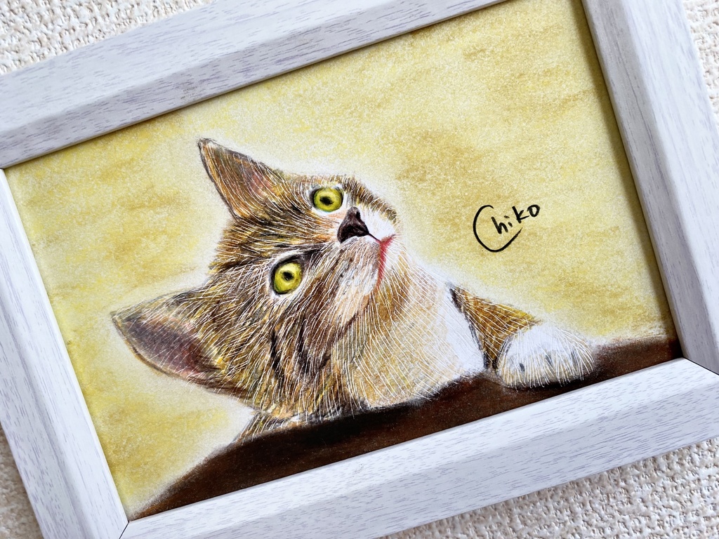 猫 色鉛筆&パステル画 額縁付き 卓上・壁掛け
