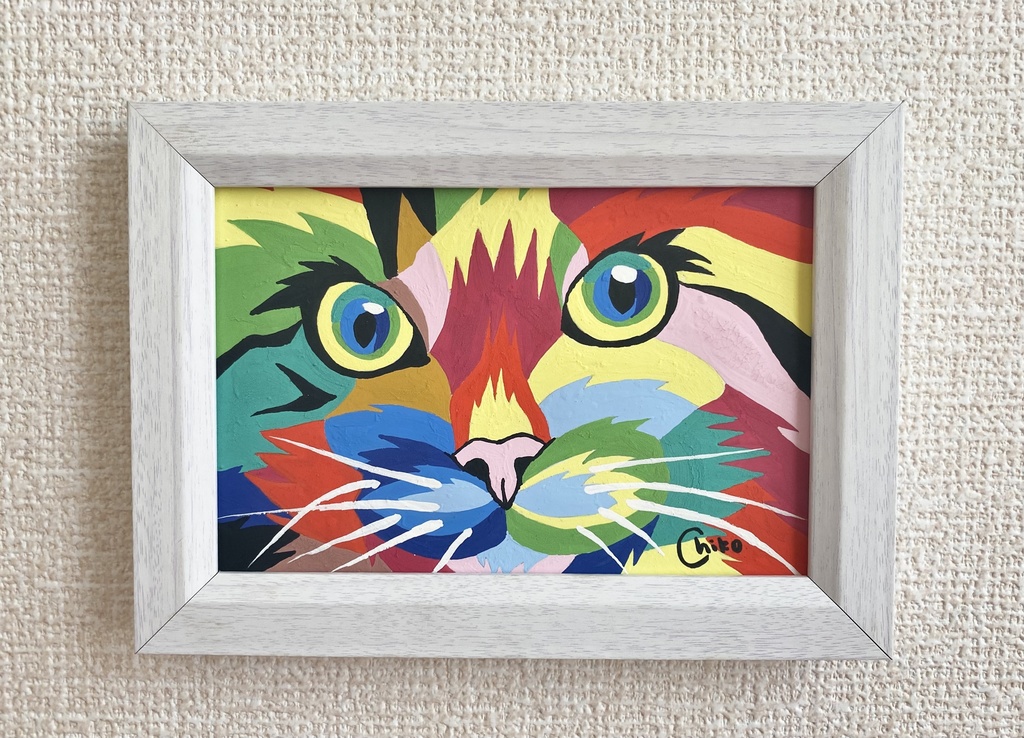 猫　水彩画　額縁付き　卓上・壁掛け