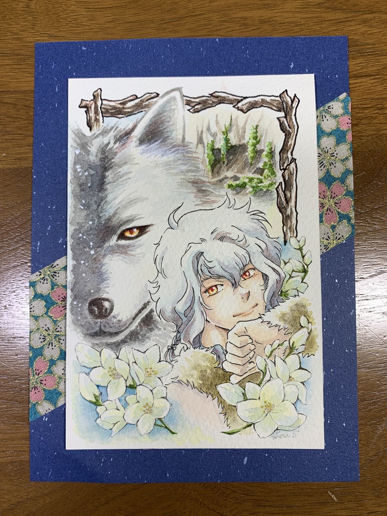 水彩画『白牙』（フレームレス台紙付き）