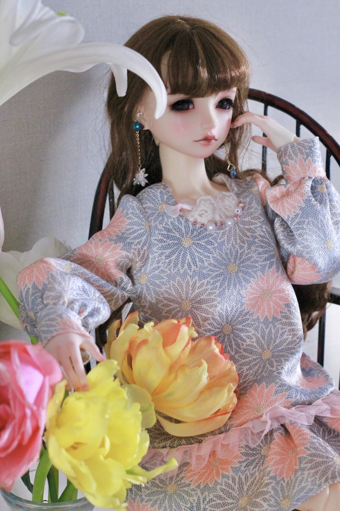 シルクのお部屋着ふんわりワンピ(青菊柄)