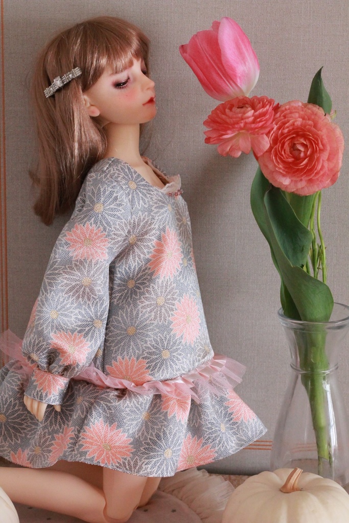 シルクのお部屋着ふんわりワンピ(青菊柄)