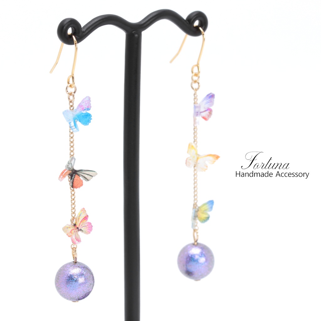 カラフル蝶と紫玉(552) ピアス/イヤリング/ノンホールピアス/樹脂ピアス