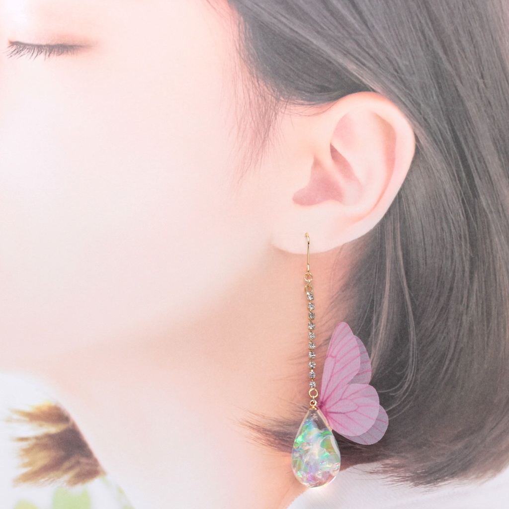 雫に蝶~幻想桃~(573) ピアス/イヤリング/ノンホールピアス/樹脂ピアス