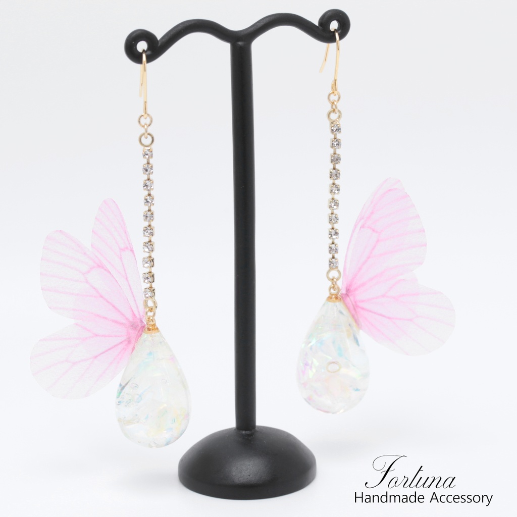 雫に蝶~幻想桃~(573) ピアス/イヤリング/ノンホールピアス/樹脂ピアス